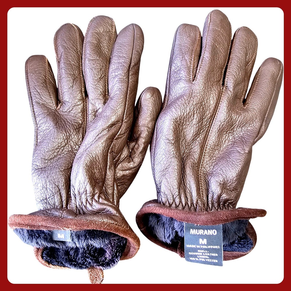 Murano Brown Genuine Leather Faux Fur Lined Winter Gloves Size‎ Medium NWOT